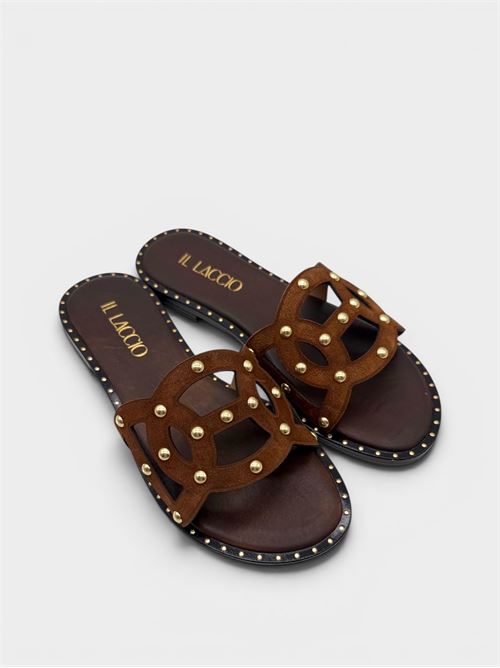 Ciabatta flat in suede cuoio con trafori e borchie IL LACCIO | P100CROSTACUOIO
